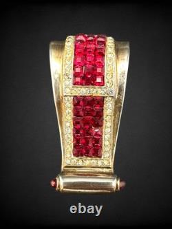 Antique Calvaire Sterling Fur Clip Red Invisibly Set Rhinestones Art Deco 21.21g