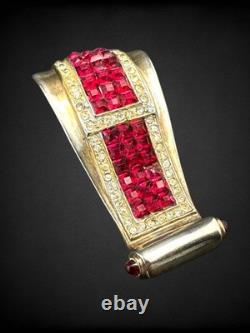 Antique Calvaire Sterling Fur Clip Red Invisibly Set Rhinestones Art Deco 21.21g