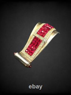 Antique Calvaire Sterling Fur Clip Red Invisibly Set Rhinestones Art Deco 21.21g