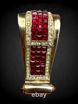 Antique Calvaire Sterling Fur Clip Red Invisibly Set Rhinestones Art Deco 21.21g