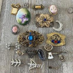 Antique Victorian Art Deco Vintage Rhinestone Brooch Pin Jewelry Lot Glass Cameo
