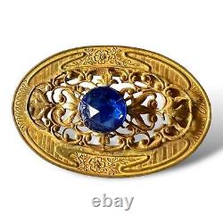 Antique Victorian Brass Sash Brooch Circa 1900 Faceted Blue Rhinestone C Clasp