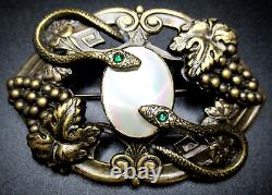 Antique Victorian Mother of Pearl Green Rhinestone Eyed Snake Pin Brooch