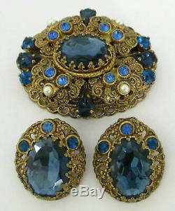Antique Vintage Baroque Filigree Sapphire Blue Jewel Glass Pearl Brooch Clip Set