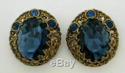 Antique Vintage Baroque Filigree Sapphire Blue Jewel Glass Pearl Brooch Clip Set