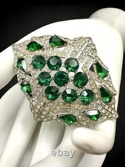 Antique Vintage Emerald Green Teardrop Crystal Rhinestone Large Art Deco Brooch
