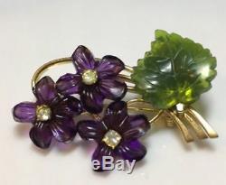 Antique Vintage Suffragette Amethyst Glass Violets Flower Rhinestones Brooch Pin