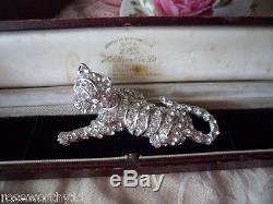 Antique Vintage Tiger Leopard Panther Crystal Rhinestone Silver Old Brooch Pin