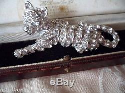 Antique Vintage Tiger Leopard Panther Crystal Rhinestone Silver Old Brooch Pin