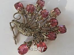 Antique vintage Sterling large peacock brooch with huge pink & clear rhinestones