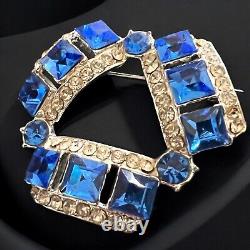 Art Deco Blue Rhinestone Brooch 1930s Crystals Open Back Vintage Statement