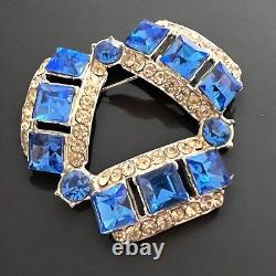 Art Deco Blue Rhinestone Brooch 1930s Crystals Open Back Vintage Statement