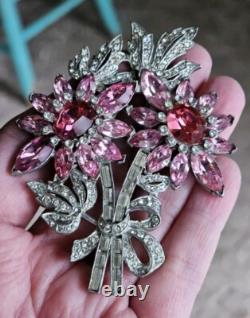 Art Deco Large Pink Rhinestone Floral Brooch Eisenberg