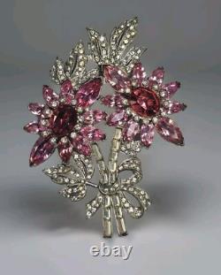 Art Deco Large Pink Rhinestone Floral Brooch Eisenberg