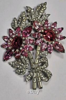 Art Deco Large Pink Rhinestone Floral Brooch Eisenberg