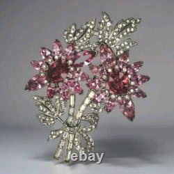 Art Deco Large Pink Rhinestone Floral Brooch Eisenberg