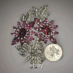 Art Deco Large Pink Rhinestone Floral Brooch Eisenberg