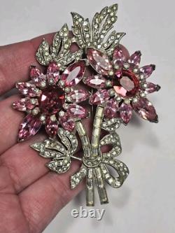 Art Deco Large Pink Rhinestone Floral Brooch Eisenberg