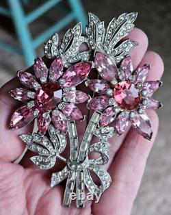 Art Deco Large Pink Rhinestone Floral Brooch Eisenberg