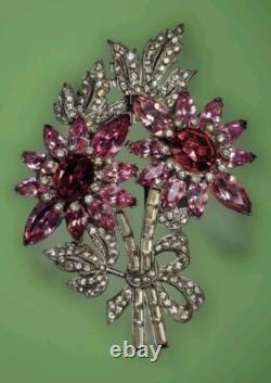 Art Deco Large Pink Rhinestone Floral Brooch Eisenberg