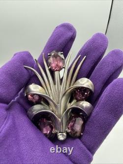 Art Deco Signed Eisenberg Original Vermeil Purple Clear Rhinestones Fur Clip