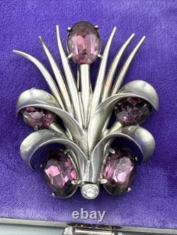Art Deco Signed Eisenberg Original Vermeil Purple Clear Rhinestones Fur Clip