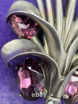 Art Deco Signed Eisenberg Original Vermeil Purple Clear Rhinestones Fur Clip