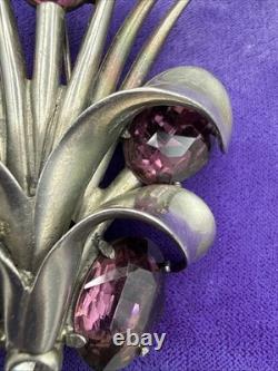 Art Deco Signed Eisenberg Original Vermeil Purple Clear Rhinestones Fur Clip