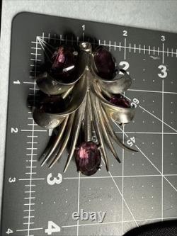 Art Deco Signed Eisenberg Original Vermeil Purple Clear Rhinestones Fur Clip