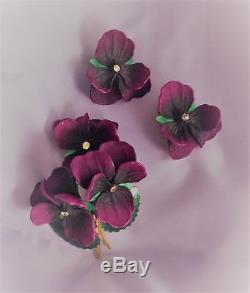 Art Nouveau Vintage Purple Pansy Gypsy Flower Rhinestone Violets Brooch Earring