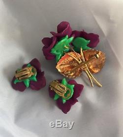 Art Nouveau Vintage Purple Pansy Gypsy Flower Rhinestone Violets Brooch Earring