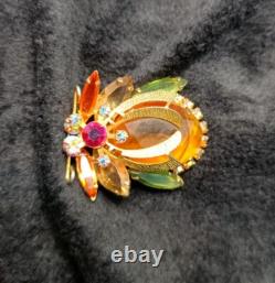 Aurora Borealis & Crystal Rhinestone Bug Vintage Brooch Pin Unsigned Juliana