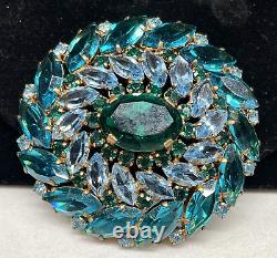 Austria Brooch Rare Vintage Blue Green Glass Rhinestone 2-1/4 Statement Pin A60