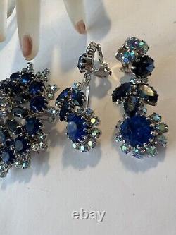 Austria Royal Blue Art Glass Rhinestone Vintage Schreiner Era Brooch Earrings