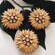 Auth Christian Dior Vintage Rhinestone Flower Clip-On Earrings Brooch Set Gold
