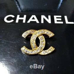 Authentic CHANEL Brooch gold vintage Coco Mark Rhinestone Engraved Genuine