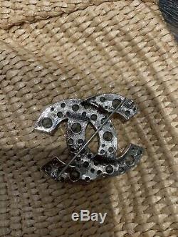 Authentic CHANEL Silver CC Logos Rhinestone Vintage Pin Brooch