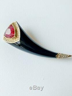 Authentic Christian Dior Black Enamel Rhinestone Purple Glass Brooch Pin Vintage