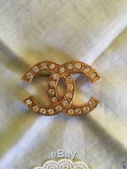 Authentic Vintage CHANEL BROOCH Gold Plated Rhinestone CC Logo with Box & Bag
