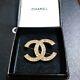 Authentic Vintage CHANEL BROOCH Yellow Gold Plated Rhinestone CC Logo with Box