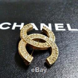 Authentic Vintage CHANEL BROOCH Yellow Gold Plated Rhinestone CC Logo with Box