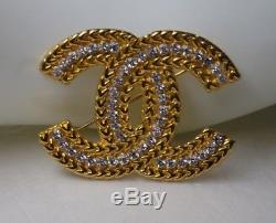 Authentic Vintage Chanel CC Logo Pin Brooch Crystal Rhinestone Made in France