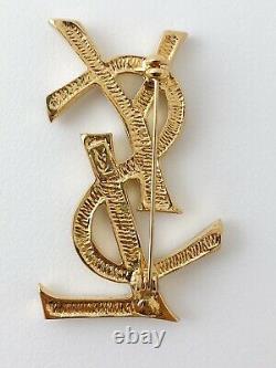 Authentic Ysl Yves Saint Laurent Vintage Gold Tone Logo Brooch Pin Rhinestones
