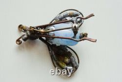 BEST Early Vtg Schreiner Rhinestone Trembler Insect Fly Brooch Blue Art Glass