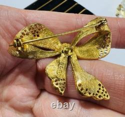 BSK Gold Bow Brooch Emerald Glass Seed Pearls Rhinestones Dior Era Vintage