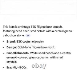 BSK Gold Bow Brooch Emerald Glass Seed Pearls Rhinestones Dior Era Vintage