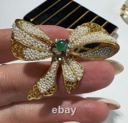 BSK Gold Bow Brooch Emerald Glass Seed Pearls Rhinestones Dior Era Vintage