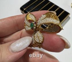 BSK Gold Bow Brooch Emerald Glass Seed Pearls Rhinestones Dior Era Vintage