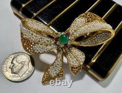 BSK Gold Bow Brooch Emerald Glass Seed Pearls Rhinestones Dior Era Vintage