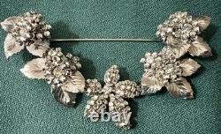 Beautiful Rhinestone Silvertone Metal Leaves Vintage Brooch Signed Eugene